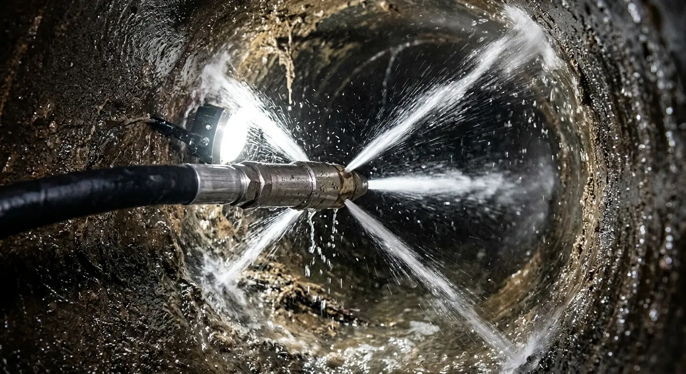 High-pressure hydro jetting nozzle cleaning sewer pipe for Trenchless Sewer Repair in Valparaiso