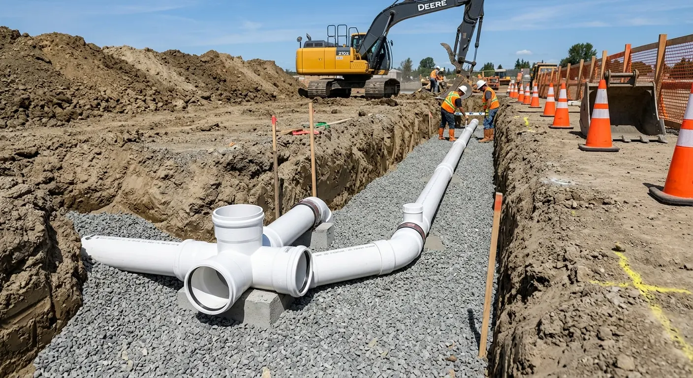 New PVC sewer pipe installation in open trench for Grease Trap Cleaning in Valparaiso