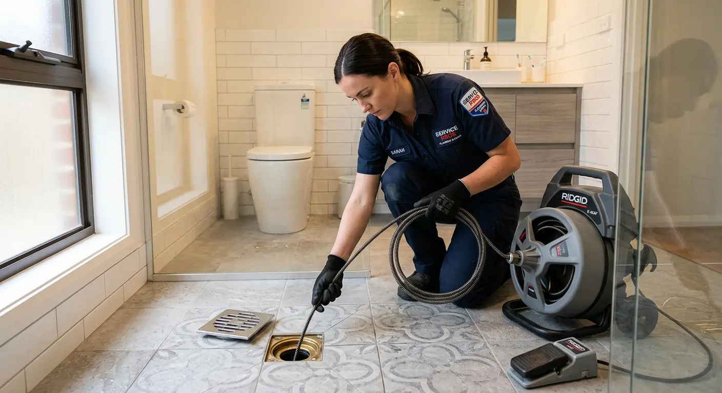 Technician clearing a bathroom floor drain for Hydro Jetting in Valparaiso